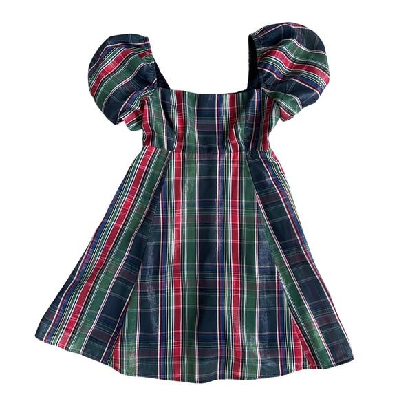 Hill House Matilda Mini Dress Tartan Plaid Metallic Puff Sleeve preppy small - Picture 3 of 9
